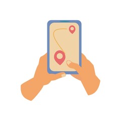 Hands hold phone with map on screen Flat illustration on white background