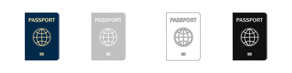 Set of Biometric blue passports cover. Identity document with digital id. Passport and global map with microchip. illustration isolated on white background