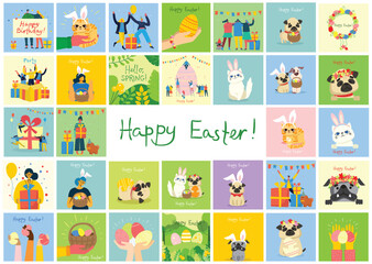 Vector Easter cards with cats and dogs and spring flowers. Happy Easter