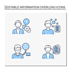 Information overload line icons set. Consists of Information pollution, internet addition, unprocessing information.Isolated vector illustrations. Editable stroke
