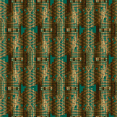 Mosaic seamless pattern. Tribal ethnic style ornamental vector background. Repeat half tone backdrop. Abstract modern digital 3d ornaments. Geometric trendy halftone design with squares, shapes