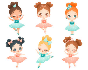 Illustration of cute cartoon little ballerinas set. Ballet poses isolated on white background. © Bonbonny