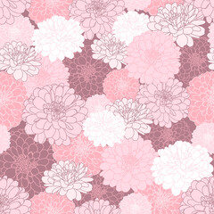 Seamless repeating pattern with hand drawn chrysanthemum flowers in pastel pink, plum, white colors. Decorative print for wallpaper, wrapping, textile, fabric, wedding invitations, greetings, banners.