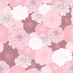 Behang Seamless repeating pattern with hand drawn chrysanthemum flowers in pastel pink, plum, white colors. Decorative print for wallpaper, wrapping, textile, fabric, wedding invitations, greetings, banners. © Svetlana Moskaleva