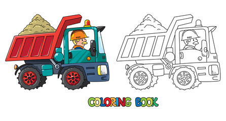 Construction worker in a dump truck. Coloring book