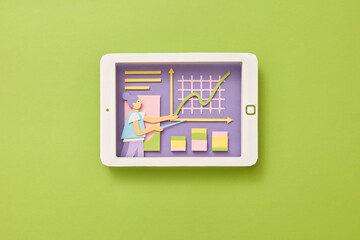 Tablet screen with woman making online presentation.