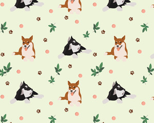 Seamless vector texture for fashion prints. The pattern of animals is scattered randomly. Vector illustration of a corgi, schnauzer and leaves on a light green background