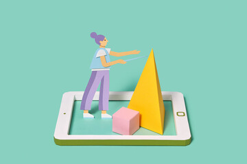Papercraft teacher of mathematics on a tablet screen.
