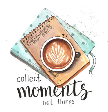 Hand drawn watercolor artwork. Painted aquarelle picture. Artist painting. Cup of cappuccino coffee on Notepad with craft paper, diary entries "Wednesday, April 8". Creative moments in coffee shop.