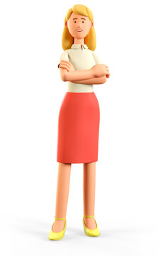 3D illustration of standing beautiful blonde woman with crossed arms. Portrait of cartoon smiling confident attractive businesswoman in red skirt, isolated on white.