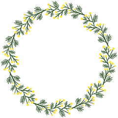 A wreath of sprigs of mimosa on a white background with place for text. Round frame of abstract mimosa flowers for invitations, greeting cards, prints, textiles.