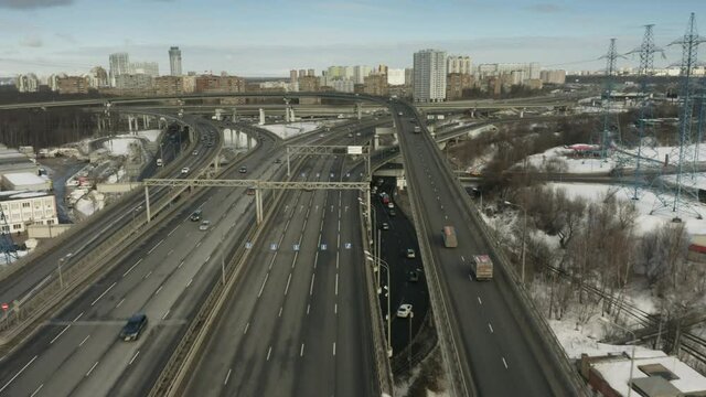 Aerial shot of a big highway interchange. Moscow, Russia