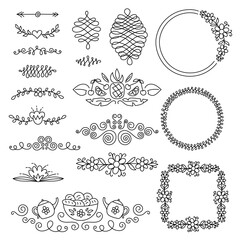 Borders and frames set for invitation or greeting card. Curly ornament with heart, flower, teapot and fruits. Black line vector design