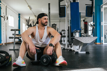 Fototapeta na wymiar Young man sitting in the gym with dumbbells resting.