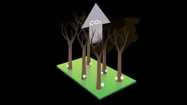 Animation loop of a burnt forest releasing carbon dioxide on black background with alpha channel