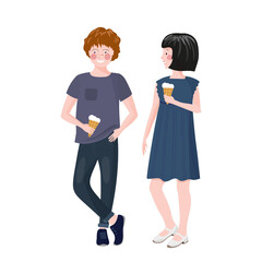Boy and girl standing and eating ice cream. Children communicate. Teen relationship. 