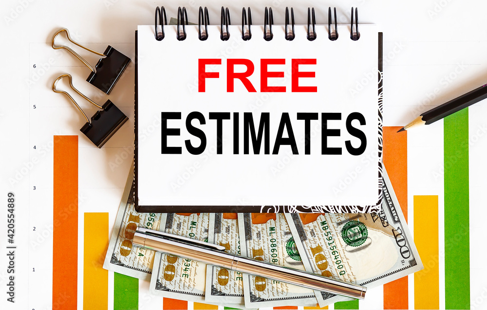 Poster notebook with tools and notes about free estimates ,business concept
