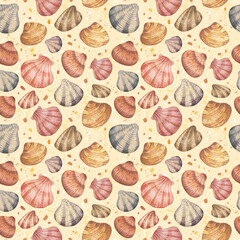 Watercolor illustration with shells and sand particles on a beige background. For your design. Perfect for designing postcards, notebooks , and more.
