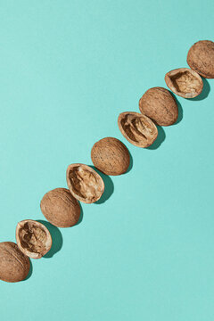 Diagonal row from dry natural walnuts shell.