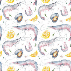 Seamless pattern with fresh pink prawns and mussels, lemon slices and rosemary sprigs on a white background. Hand-drawn watercolor illustration. For your design. Perfect for design and more.
