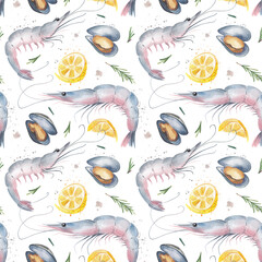Seamless pattern with fresh pink prawns and mussels, lemon slices and rosemary sprigs on a white background. Hand-drawn watercolor illustration. For your design. Perfect for design and more.
