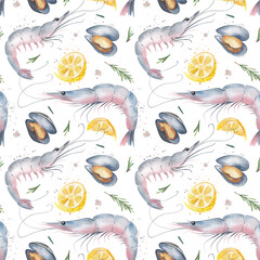 Seamless pattern with fresh pink prawns and mussels, lemon slices and rosemary sprigs on a white background. Hand-drawn watercolor illustration. For your design. Perfect for design and more.
