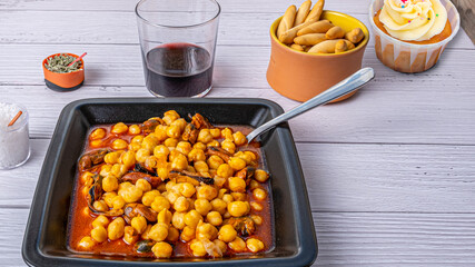 Dish of food with mussels and chickpeas, mediterranean food