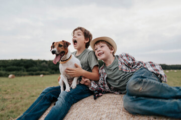 Portrait of two little brothers with dog in the field.