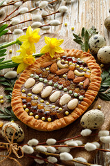 Traditional Easter cake in Poland called mazurek, easter egg-shaped. Delicious very sweet festive dessert