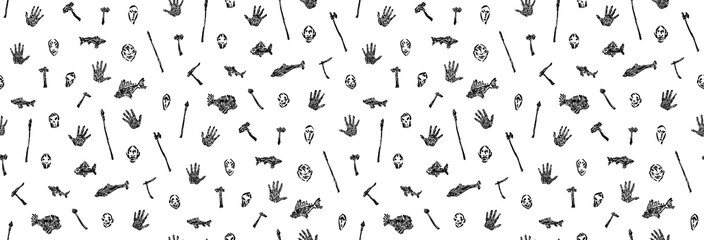 Fototapeta na wymiar Seamless pattern of prehistoric weapons, handprint, mask and fish vector illustration. Endless illustration of hand drawn grunge primitive human tribal life. Isolated silhouettes on white background