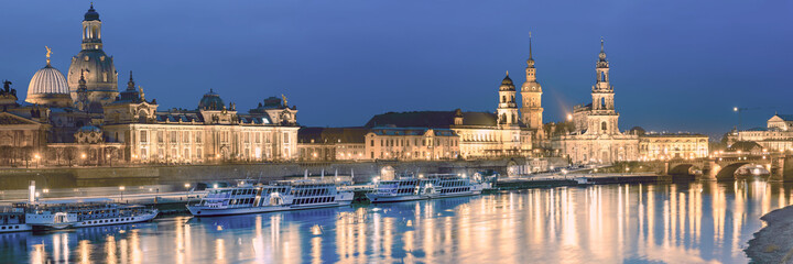 Night panorama of Dresden Old town with reflections