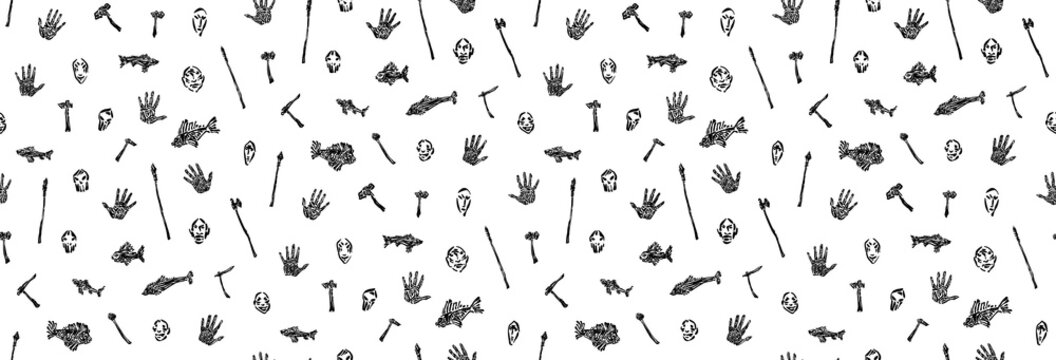 Seamless pattern of prehistoric weapons, handprint, mask and fish vector illustration. Endless illustration of hand drawn grunge primitive human tribal life. Isolated silhouettes on white background