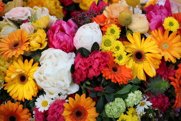 Blumen formatfüllend, gelb, orange, rosa mit Pfingstrose, Gerberas und Rosen
