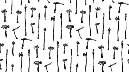 Seamless pattern of prehistoric tools and weapons vector illustration with hammers, axes, spears. Endless hand drawn grunge black isolated silhouettes on white background