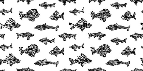 Engraved  ancient fish seamless pattern. Endless hand drawn sea animal prints graphic vector illustration, black underwater creature isolated on white background painted by ink