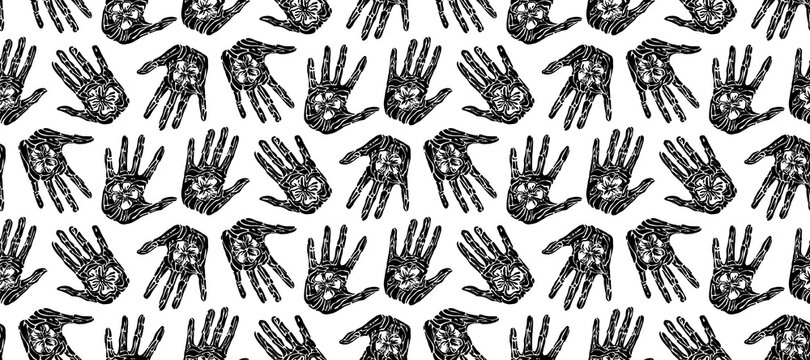Engraved ancient handprint with flower seamless pattern. Endless hand drawn human palm prints graphic vector illustration, black endless symbol isolated on white background painted by ink