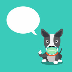 Cartoon character bull terrier dog wearing protective face mask with speech bubble for design.