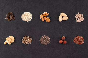 Various seeds and nuts flat lay.