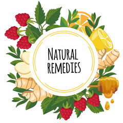 Natural remedies frame with healthy ingredients - ginger, mint, lemon, raspberry. Folk herbal natural medicine. Home treatment for colds, flu, runny nose and boost immunity. Vector illustration