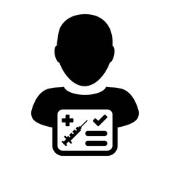 Vaccination report card icon vector with male user person profile avatar symbol for medical and healthcare certificate in a glyph pictogram illustration