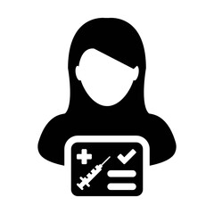 Vaccine report card icon vector with female user person profile avatar symbol for medical and healthcare certificate in a glyph pictogram illustration