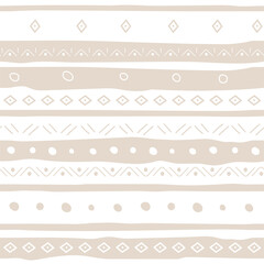 Seamless pattern with Nordic ornament. Hand drawn illustration with simple symbols and elements on white and beige lines. For textile, packaging, wallpaper. Monochrome vector decor.