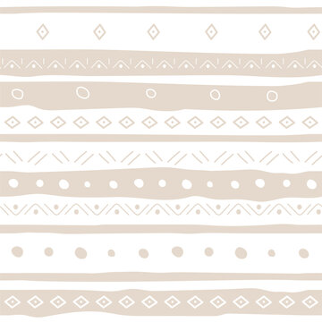 Seamless pattern with Nordic ornament. Hand drawn illustration with simple symbols and elements on white and beige lines. For textile, packaging, wallpaper. Monochrome vector decor.