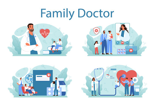 Family doctor concept set. Healthcare, modern medicine treatment