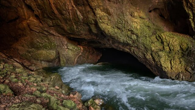 Wild river Rak flowing in Weaver Cave entrance, Rakov Skocjan. Karst spring with clean and fresh water in Slovenia. Beautiful nature deep in underground. Static shot, real time, wide angle