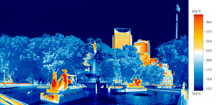 Urban heat islands, thermography thermal imaging of statues and park fountain in Sydney city, Australia