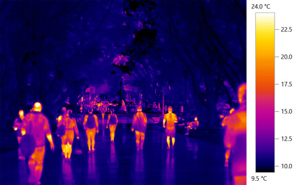 Urban heat island, thermographic thermal imaging of heat effects in tree shaded park, Sydney Australia