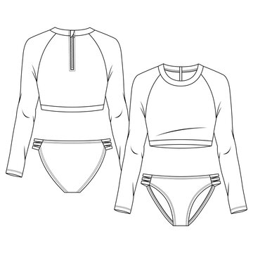 Women 2 pieces Rash guard swimsuit fashion flat sketch template. Long sleeves Raglan bikini. Back neck Zipper. Swimwear Technical Fashion Illustration
