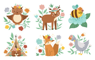 Fototapeta premium Vector woodland animals, insects and birds collection. Boho forest floral compositions. Bohemian fox, owl, bear, deer, goose with flowers on heads. Celestial clip art with cute characters for cards..