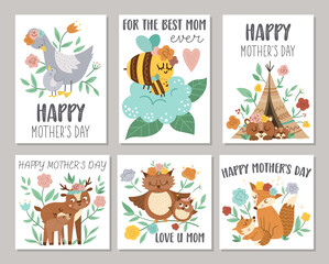 Collection of vector Mothers Day card with cute boho animals. Pre-made designs with woodland baby insects and birds with mothers. Bohemian style posters with fox, owl, bear, deer, goose, bee..